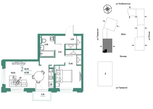 Планировка 2-комн. квартира, 46.26 м² ЖК «Уральский сад»