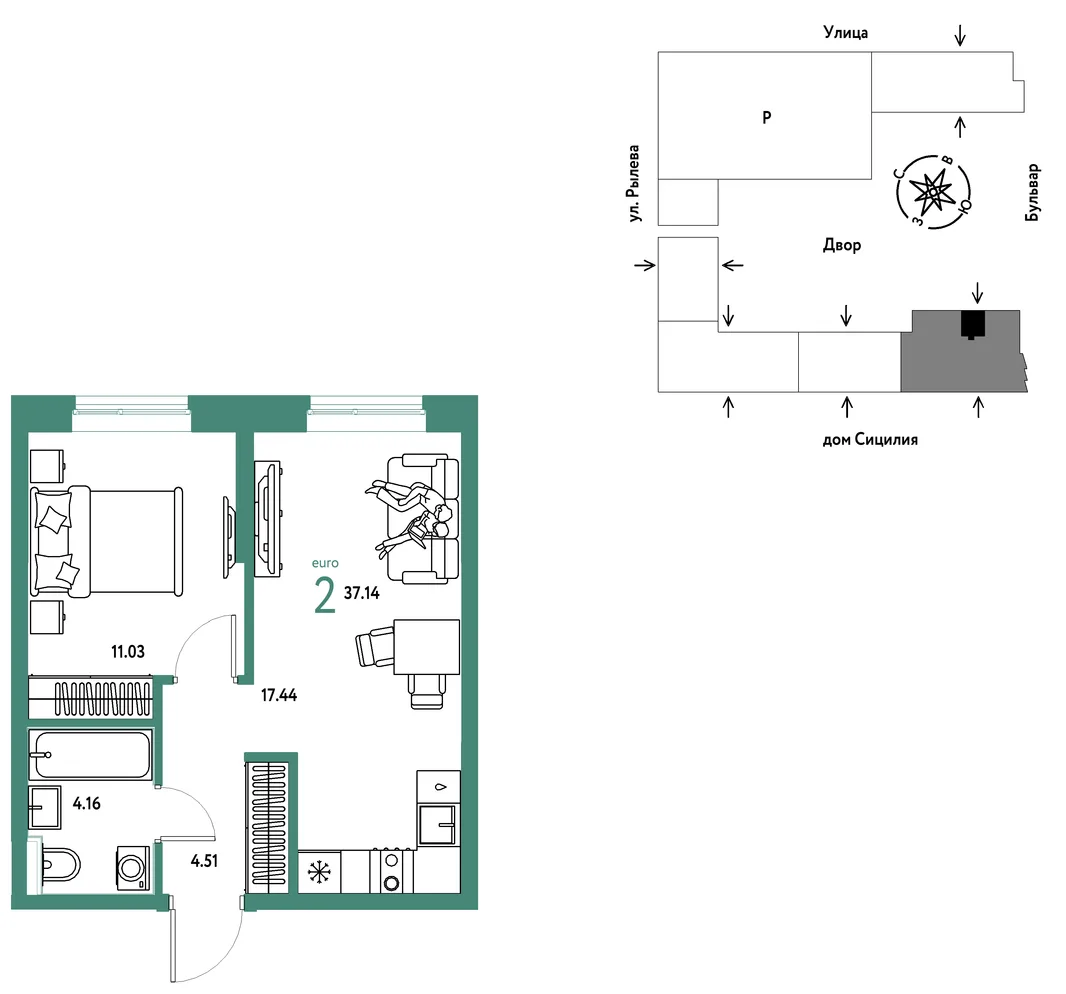 Планировка 2-комн. квартира, 37.14 м² ЖК «Остров-сад»