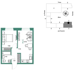 Планировка 2-комн. квартира, 37.14 м² ЖК «Остров-сад»