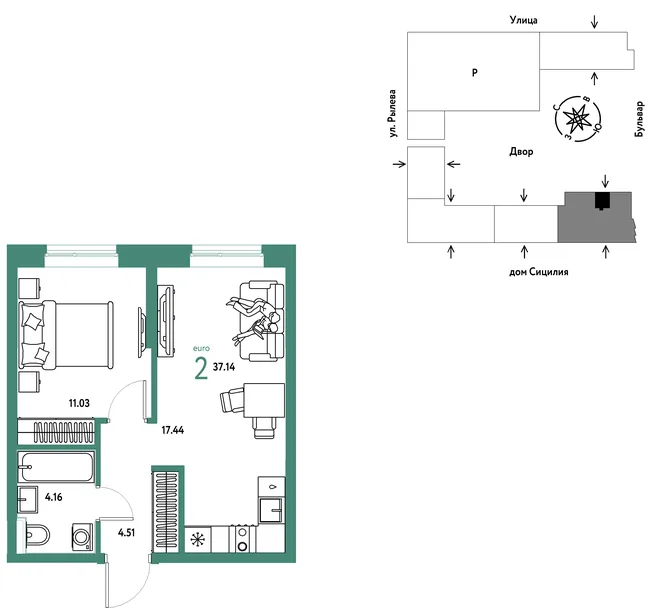 Планировка 2-комн. квартира, 37.14 м² ЖК «Остров-сад» Планировка 2-комн. квартира, 37.14 м² ЖК «Остров-сад»