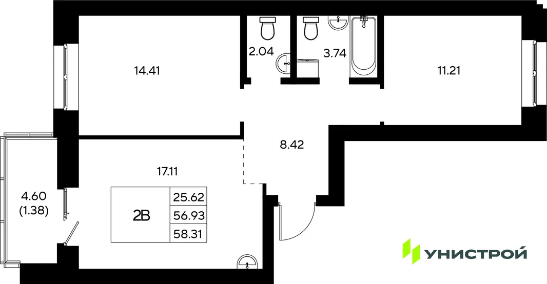 Планировка 2-комн. квартира, 58.31 м² ЖК «Царёво City»
