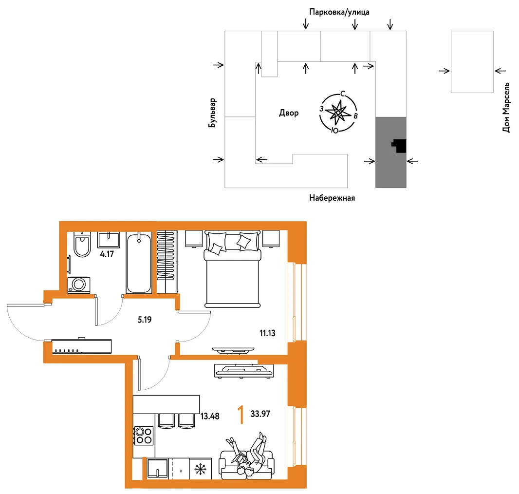 Планировка 1-комн. квартира, 33.97 м² ЖК «Европейский берег 2.0»