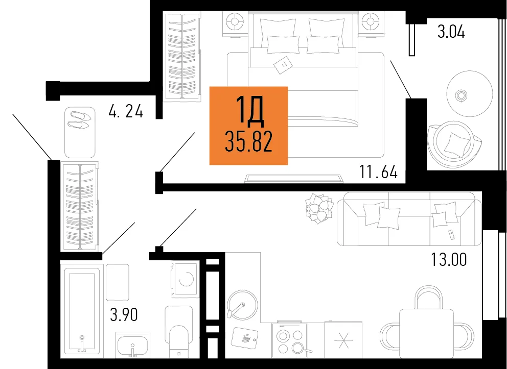 Планировка 1-комн. квартира, 35.82 м² ЖК «Столицыно»