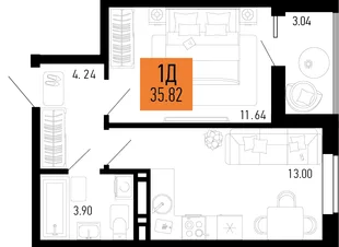 Планировка 1-комн. квартира, 35.82 м² ЖК «Столицыно»