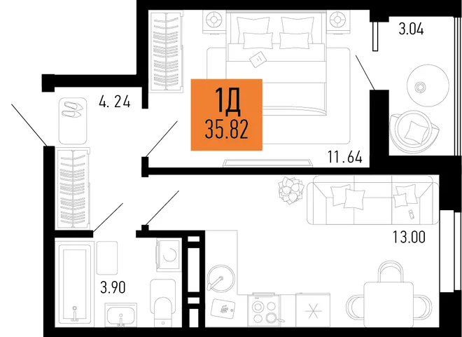 Планировка 1-комн. квартира, 35.82 м² ЖК «Столицыно» Планировка 1-комн. квартира, 35.82 м² ЖК «Столицыно»