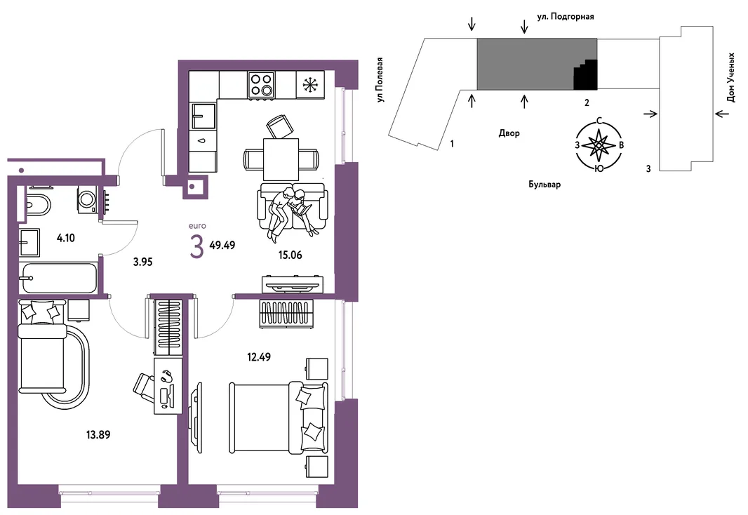 Планировка 3-комн. квартира, 49.49 м² ЖК «Авторский»
