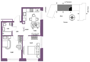 Планировка 3-комн. квартира, 49.49 м² ЖК «Авторский»