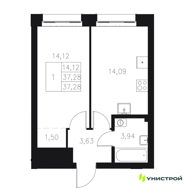 Планировка 1-комн. квартира, 37.28 м² ЖК «Statum»