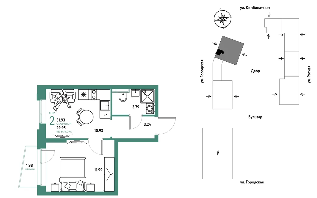 Планировка 2-комн. квартира, 31.93 м² ЖК «Уральский сад»