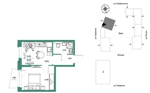 Планировка 2-комн. квартира, 31.93 м² ЖК «Уральский сад»