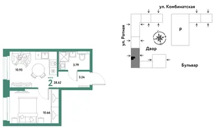 Планировка 2-комн. квартира, 28.44 м² ЖК «Уральский сад»