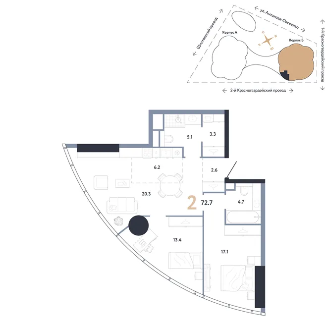Планировка 2-комн. квартира, 72.7 м² ЖК «АУРУС Резиденции» Планировка 2-комн. квартира, 72.7 м² ЖК «АУРУС Резиденции»