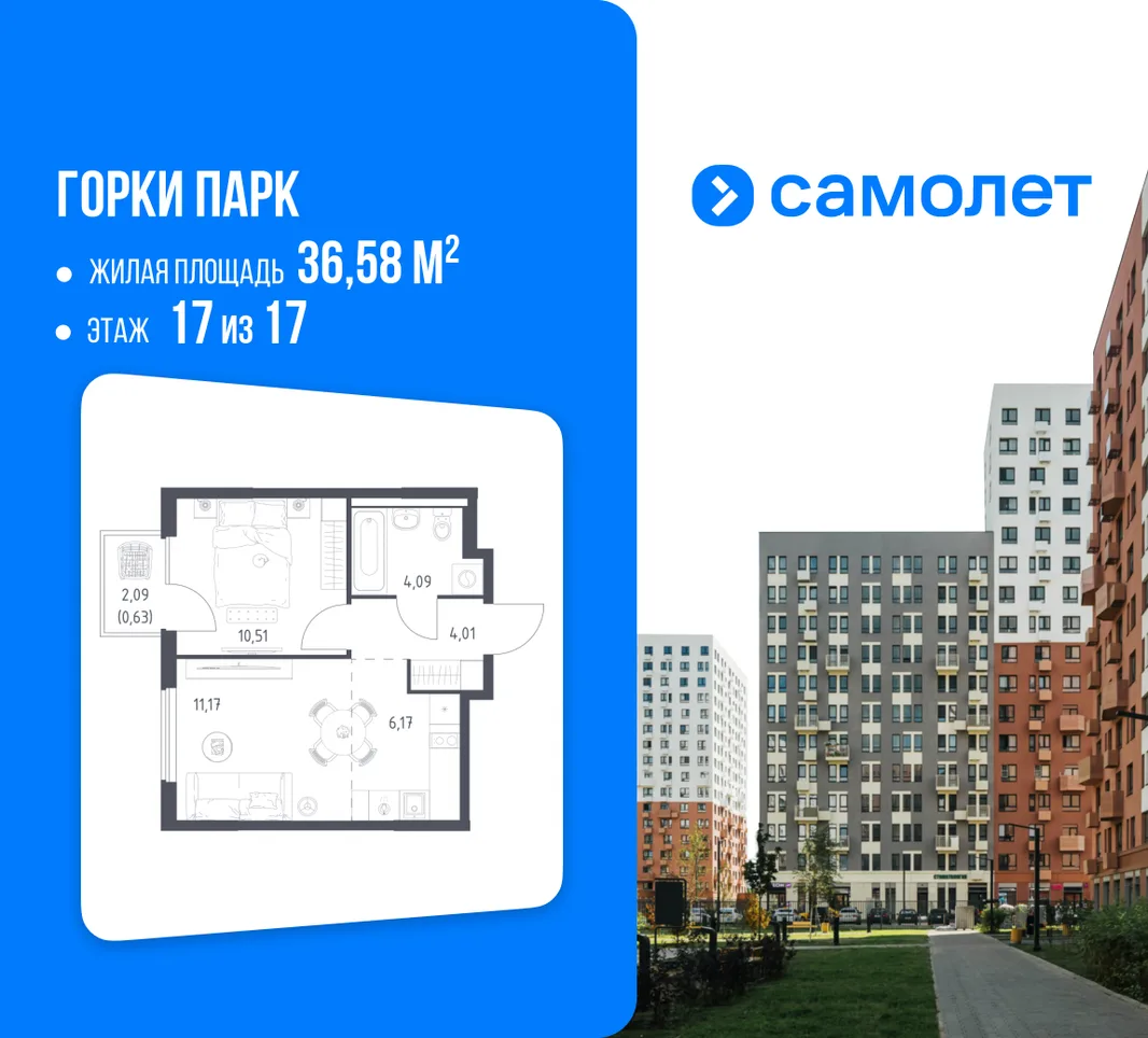 Планировка 1-комн. квартира, 36.58 м² ЖК «Горки парк»
