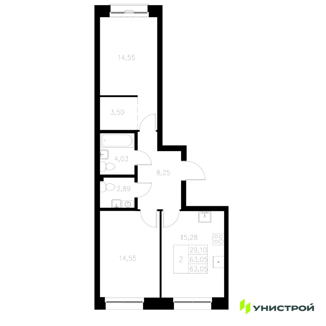 Планировка 2-комн. квартира, 63.05 м² ЖК «Statum»