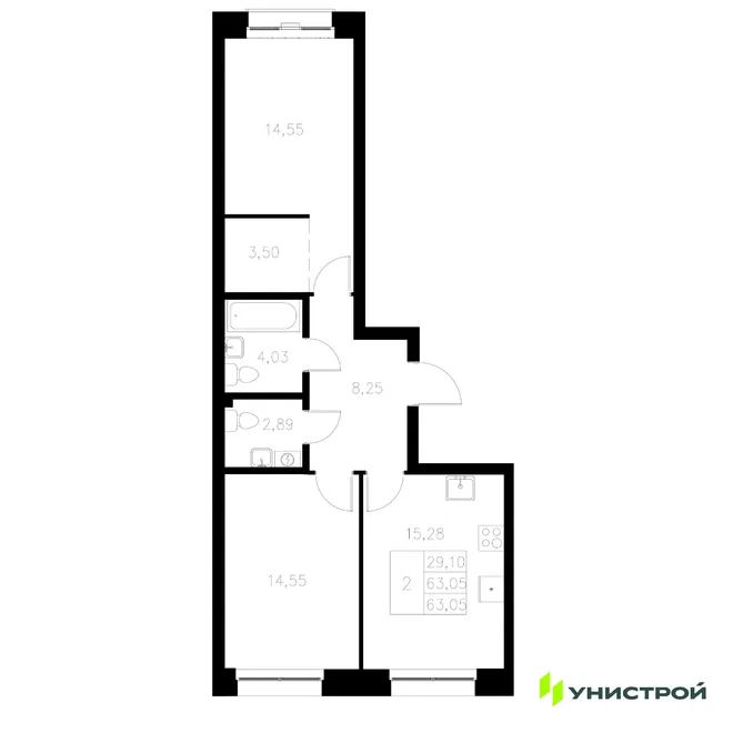Планировка 2-комн. квартира, 63.05 м² ЖК «Statum» Планировка 2-комн. квартира, 63.05 м² ЖК «Statum»