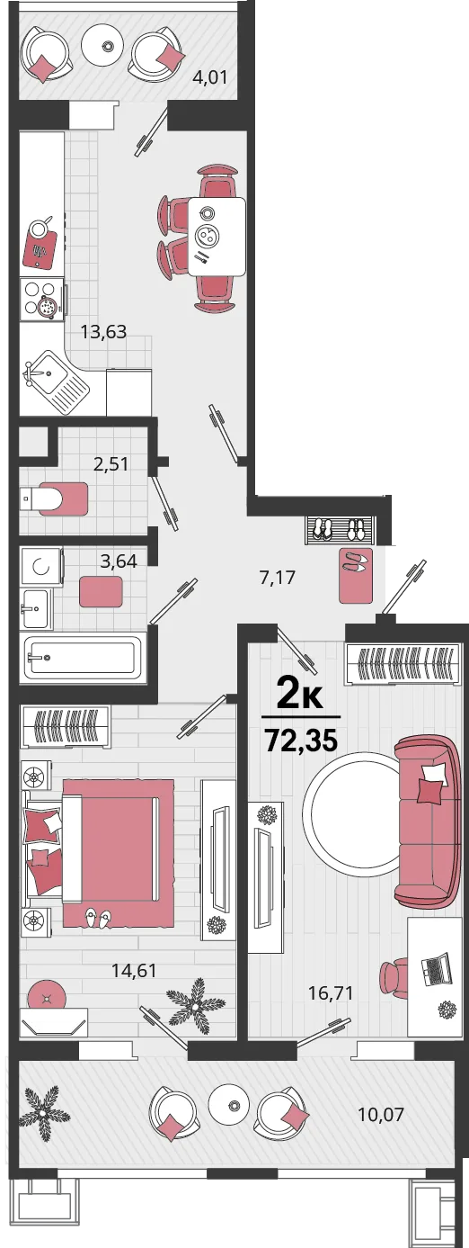 Планировка 2-комн. квартира, 72.31 м² ЖК «Родные просторы»