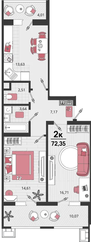 Планировка 2-комн. квартира, 72.31 м² ЖК «Родные просторы»