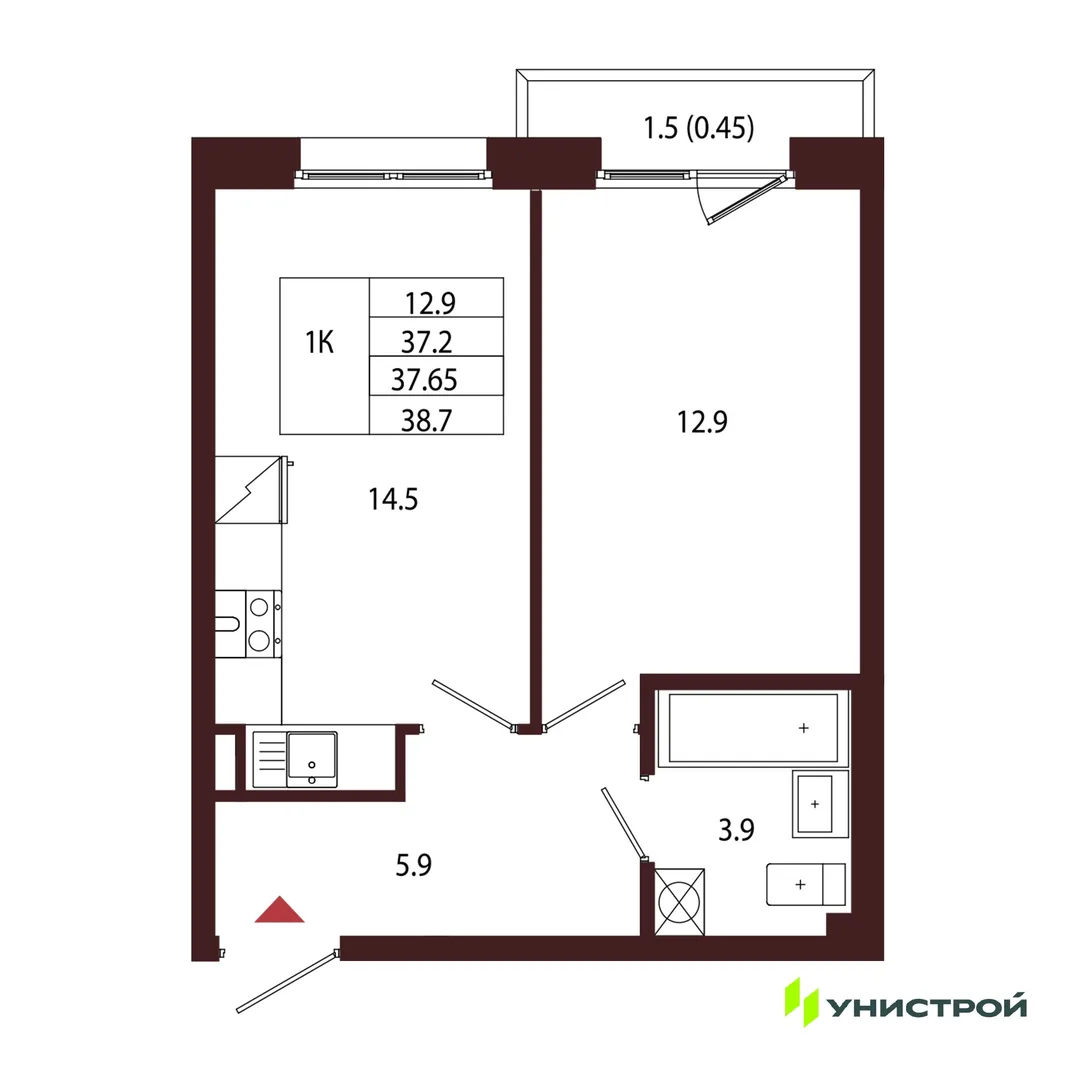 Планировка 1-комн. квартира, 37.65 м² ЖК «Лисино»