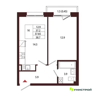 Планировка 1-комн. квартира, 37.65 м² ЖК «Лисино»