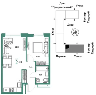 Планировка 2-комн. квартира, 41.12 м² ЖК «Микрорайон Домашний»