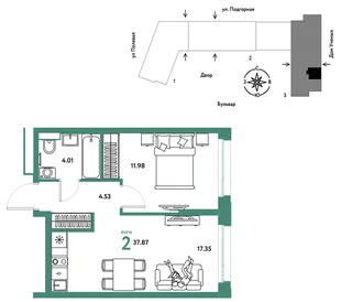 Планировка 2-комн. квартира, 37.97 м² ЖК «Авторский»
