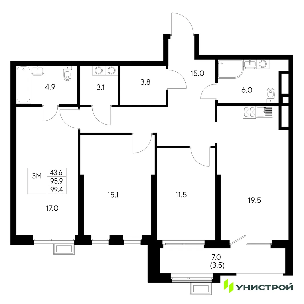Планировка 3-комн. квартира, 99.4 м² ЖК «Стадиум»