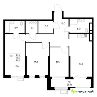 Планировка 3-комн. квартира, 99.4 м² ЖК «Стадиум»