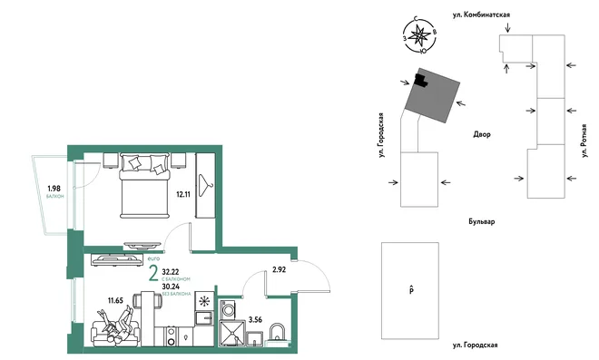 Планировка 2-комн. квартира, 32.22 м² ЖК «Уральский сад» Планировка 2-комн. квартира, 32.22 м² ЖК «Уральский сад»