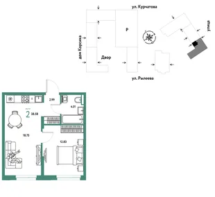 Планировка 2-комн. квартира, 38.75 м² ЖК «Остров-сад»