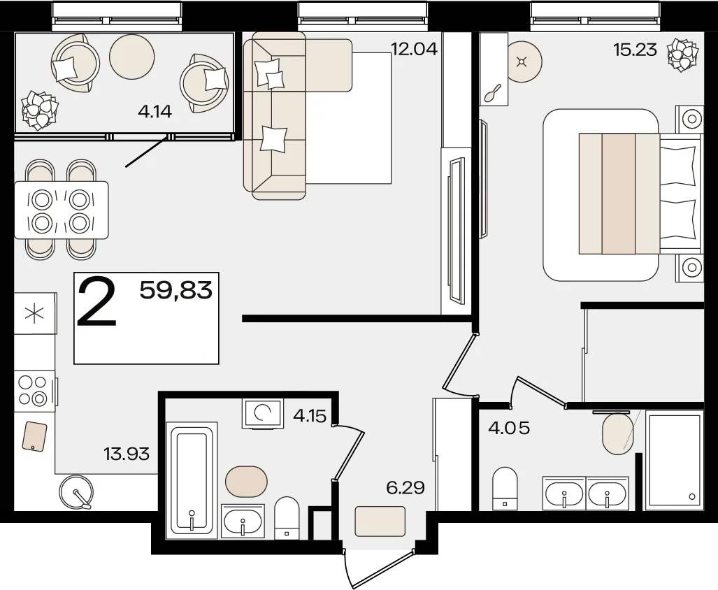 Планировка 2-комн. квартира, 59.83 м² ЖК «Патрики»