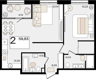 Планировка 2-комн. квартира, 59.83 м² ЖК «Патрики»
