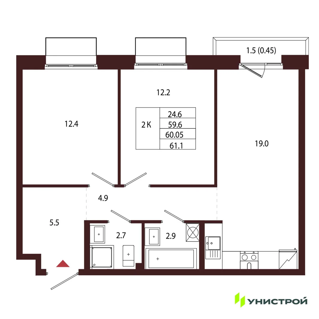 Планировка 2-комн. квартира, 60.05 м² ЖК «Лисино»