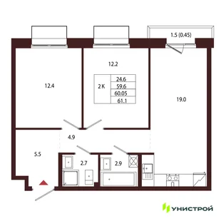 Планировка 2-комн. квартира, 60.05 м² ЖК «Лисино»