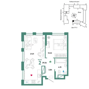 Планировка 2-комн. квартира, 39.26 м² ЖК «Сибирский сад»