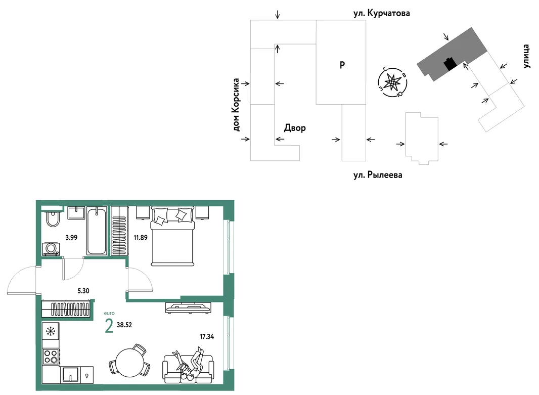 Планировка 2-комн. квартира, 38.7 м² ЖК «Остров-сад»