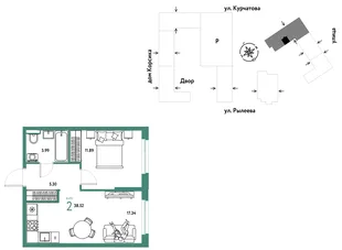 Планировка 2-комн. квартира, 38.7 м² ЖК «Остров-сад»