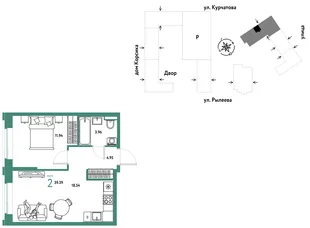 Планировка 2-комн. квартира, 39.72 м² ЖК «Остров-сад»