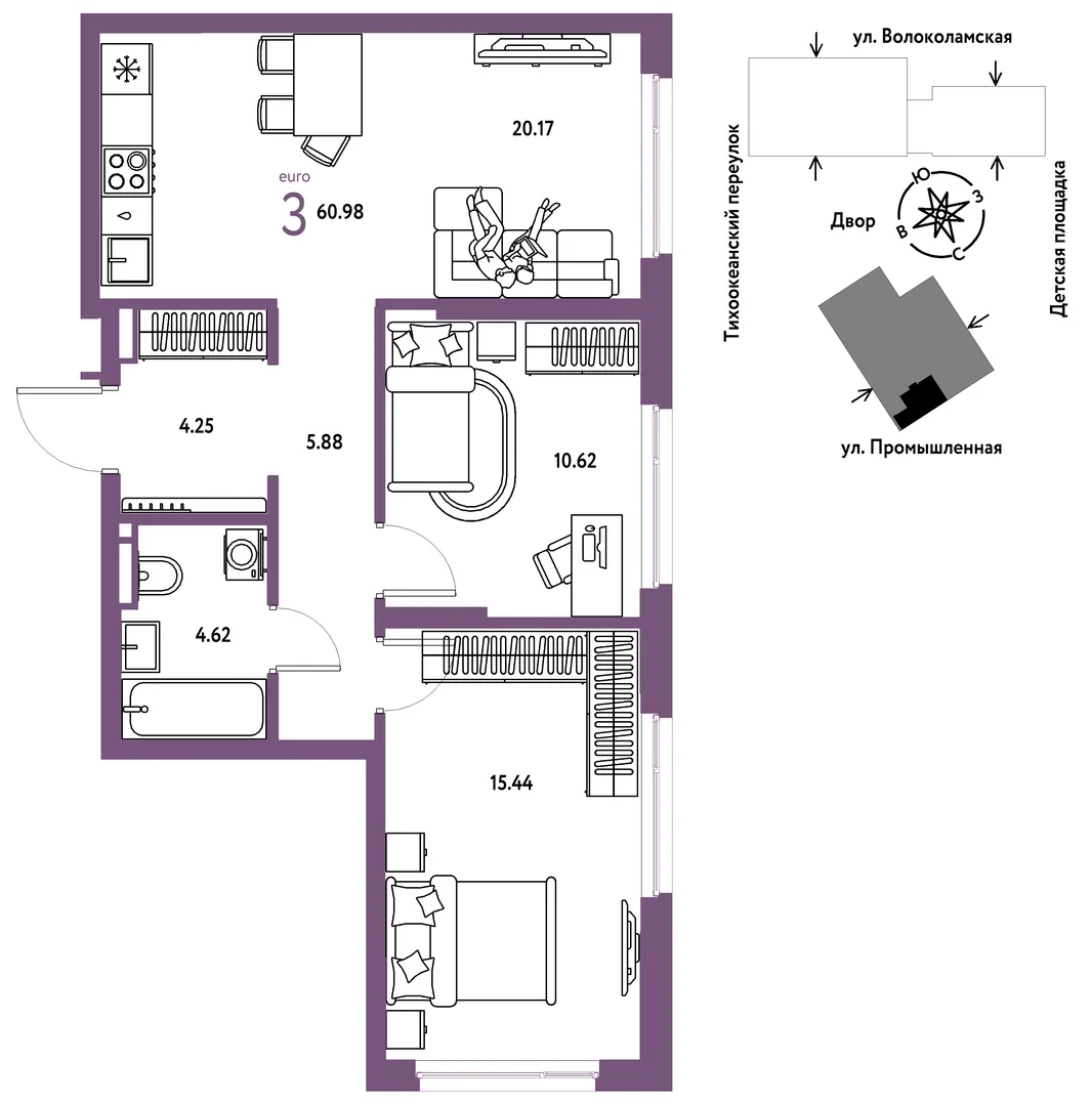 Планировка 3-комн. квартира, 60.98 м² ЖК «Страна Прибрежная»