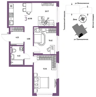 Планировка 3-комн. квартира, 60.98 м² ЖК «Страна Прибрежная»