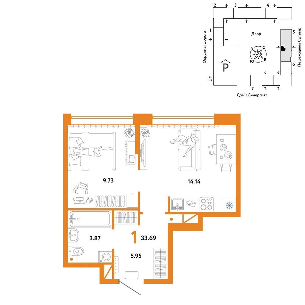 Планировка 1-комн. квартира, 33.69 м² ЖК «Юнион»