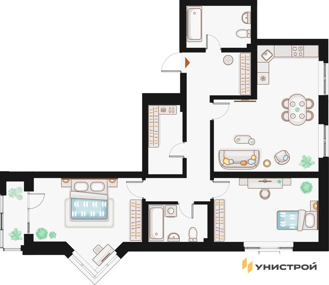 Планировка 2-комн. квартира, 92.63 м² ЖК «Жилой кластер Q на Кулагина»