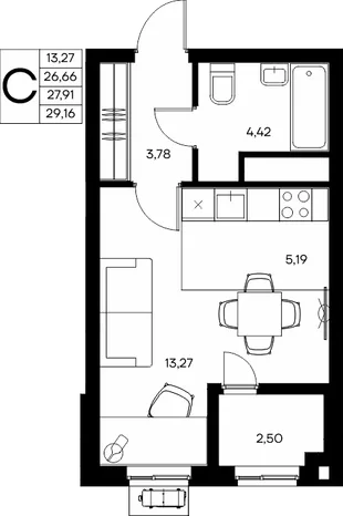 Планировка Студия, 29.16 м² ЖК «Прибрежный дом»
