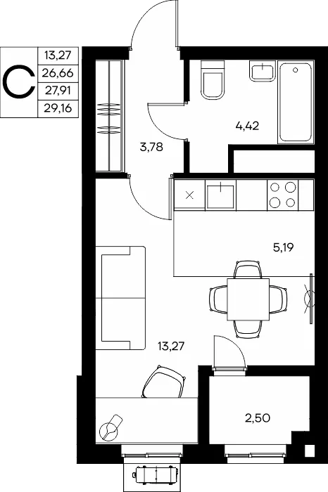 Планировка Студия, 29.16 м² ЖК «Прибрежный дом»