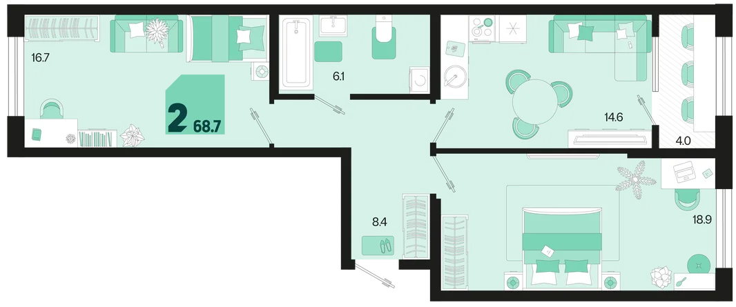 Планировка 2-комн. квартира, 68.7 м² ЖК «Первое место»