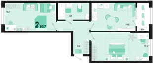 Планировка 2-комн. квартира, 68.7 м² ЖК «Первое место»