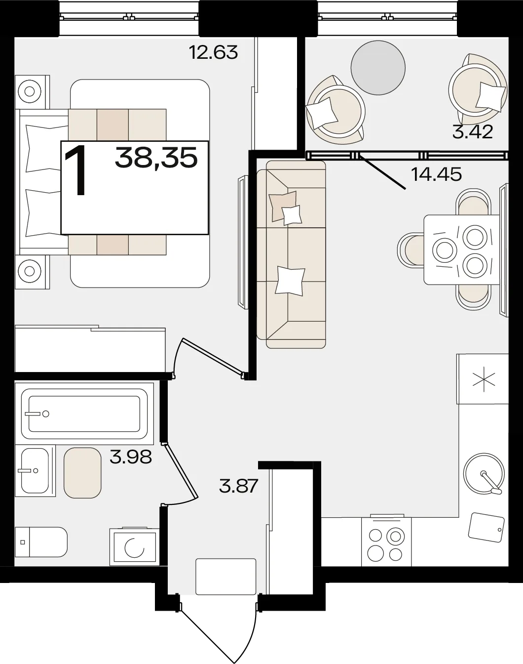 Планировка 1-комн. квартира, 38.35 м² ЖК «Патрики»