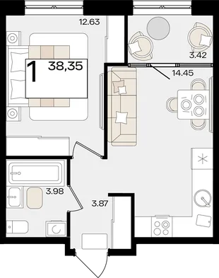 Планировка 1-комн. квартира, 38.35 м² ЖК «Патрики»