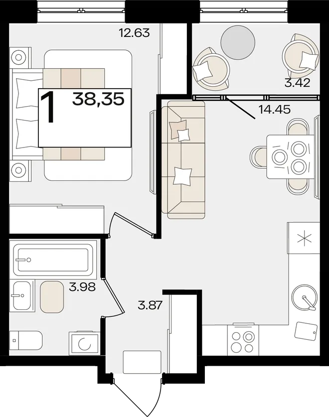 Планировка 1-комн. квартира, 38.35 м² ЖК «Патрики» Планировка 1-комн. квартира, 38.35 м² ЖК «Патрики»