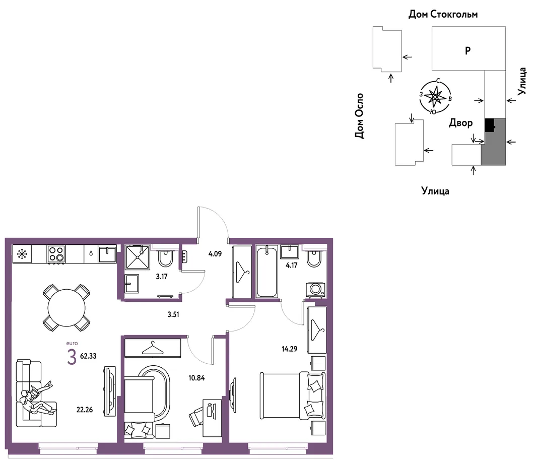 Планировка 3-комн. квартира, 62.33 м² ЖК «Европейский берег 2.0»