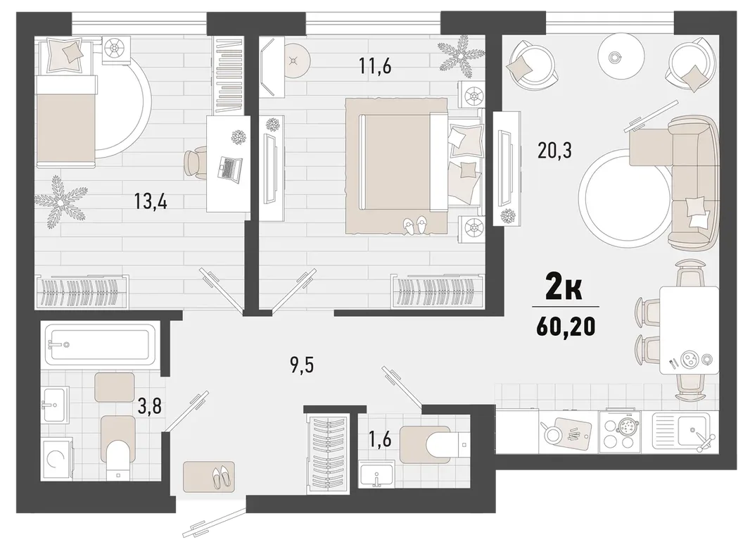Планировка 2-комн. квартира, 60.2 м² ЖК «Барса»